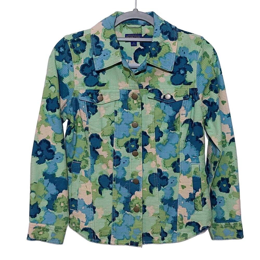PENDLETON COTTON BUTTON JACKET GREEN FLORAL TIGHT‎ WEAVE WOMENS PETITE SMALL